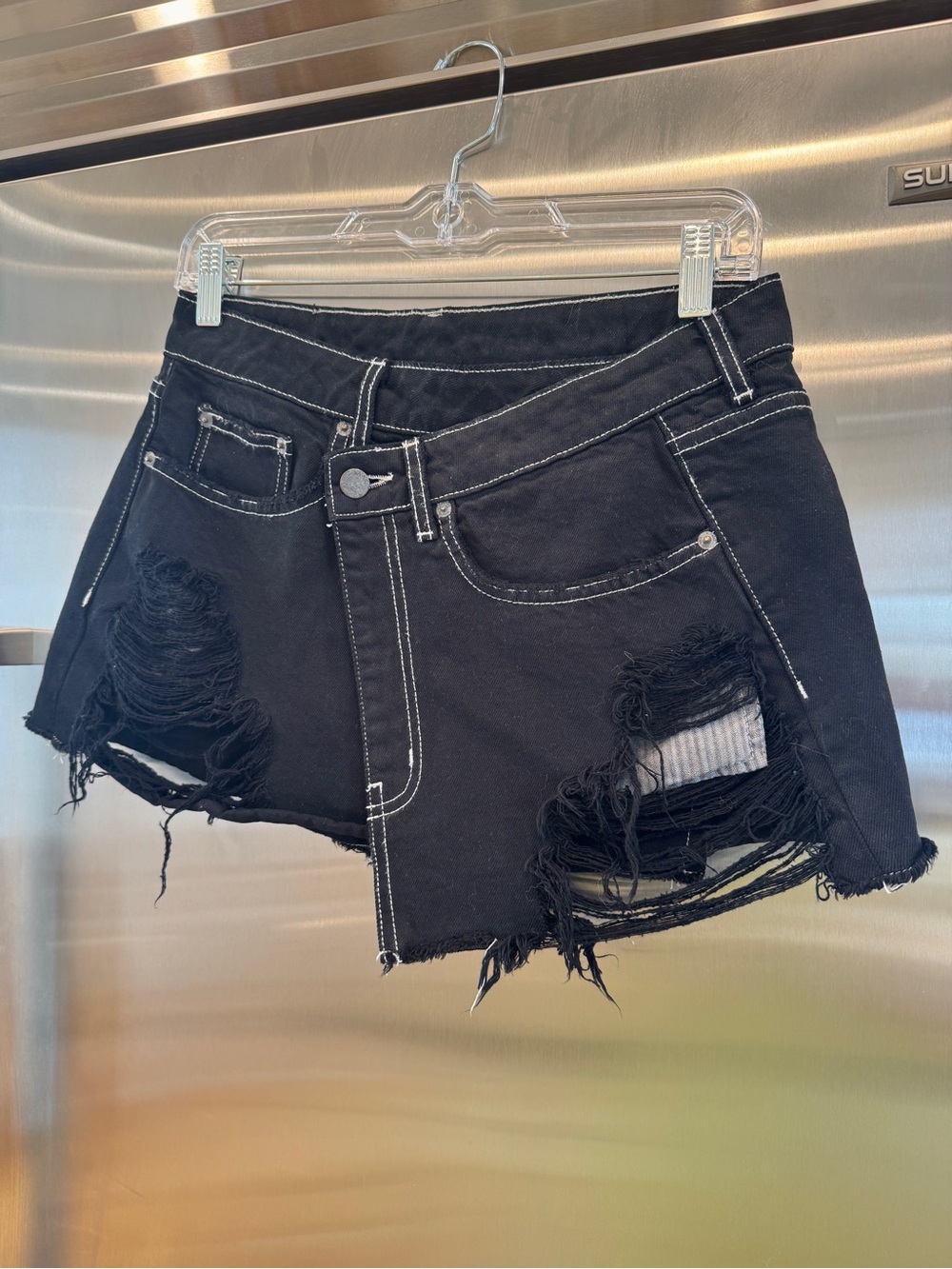 Carmar LF Asymmetrical Black Denim Mini Skirt Distressed Jean Skirt
